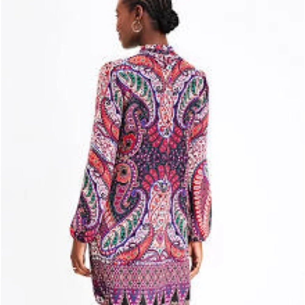Loft Paisley Tie Neck Swing Dress Size xs Smooth Stone Women's - Picture 2 of 8